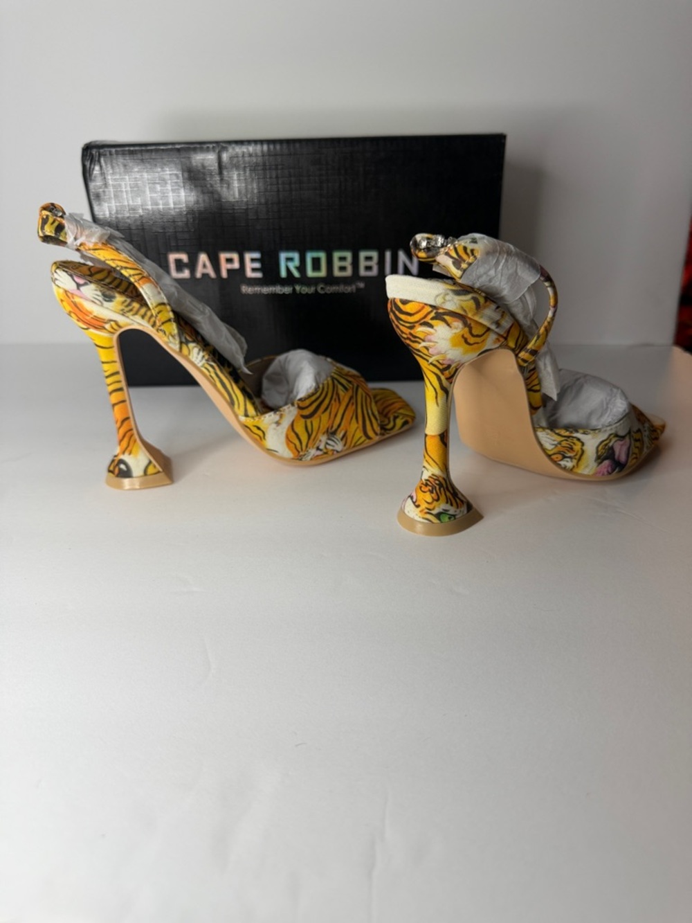 Cape Robbin Yellow Tiger-Print Open-Toe Heels with Orange Accent - Picture 4 of 9